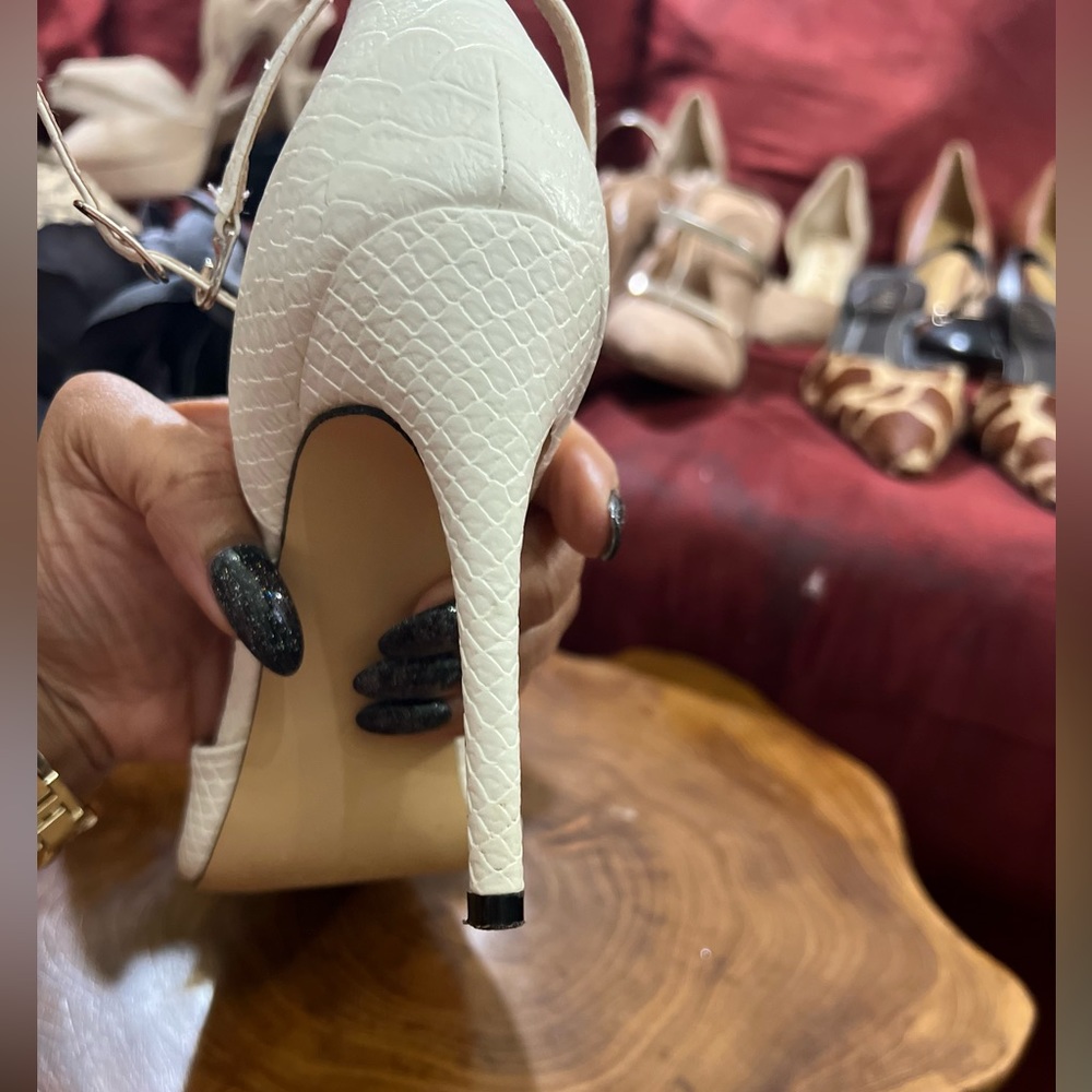 Mary-Jane style White Snakeskin Peep-Toe Stiletto Heels - Picture 10 of 16